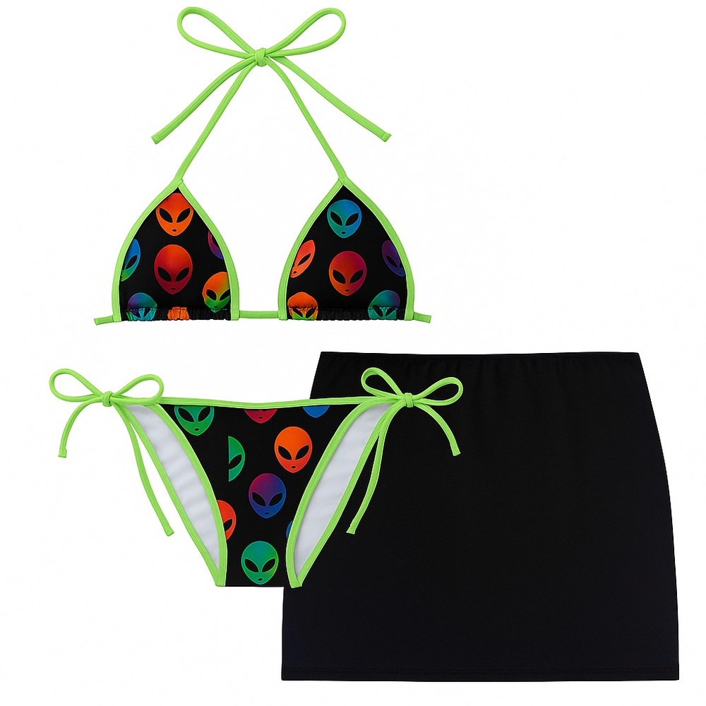 Women’s Extra Small String Costume Bikini – Alien Print with Skirt Option